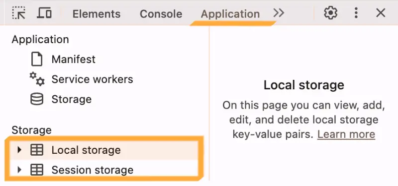 DevTools Application tab with localStorage and sessionStorage