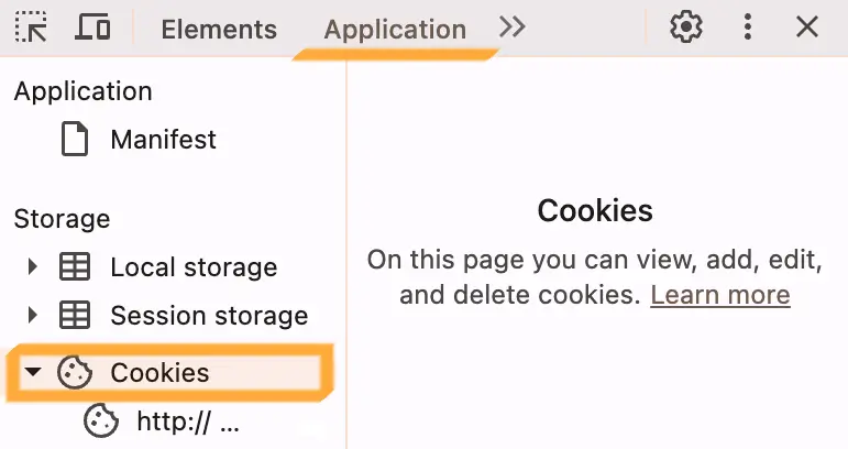 DevTools Application tab with cookies