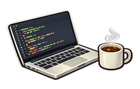 Laptop with code on screen and coffee mug