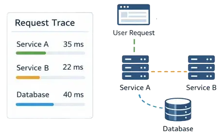 Request trace through Service A, Service B, and database with latency panel.