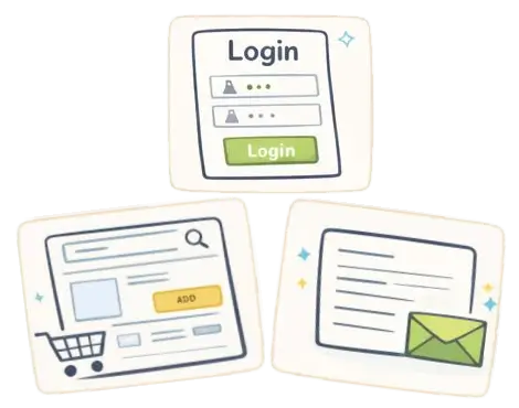 Three functional pages: login form, shopping cart and email/message screen